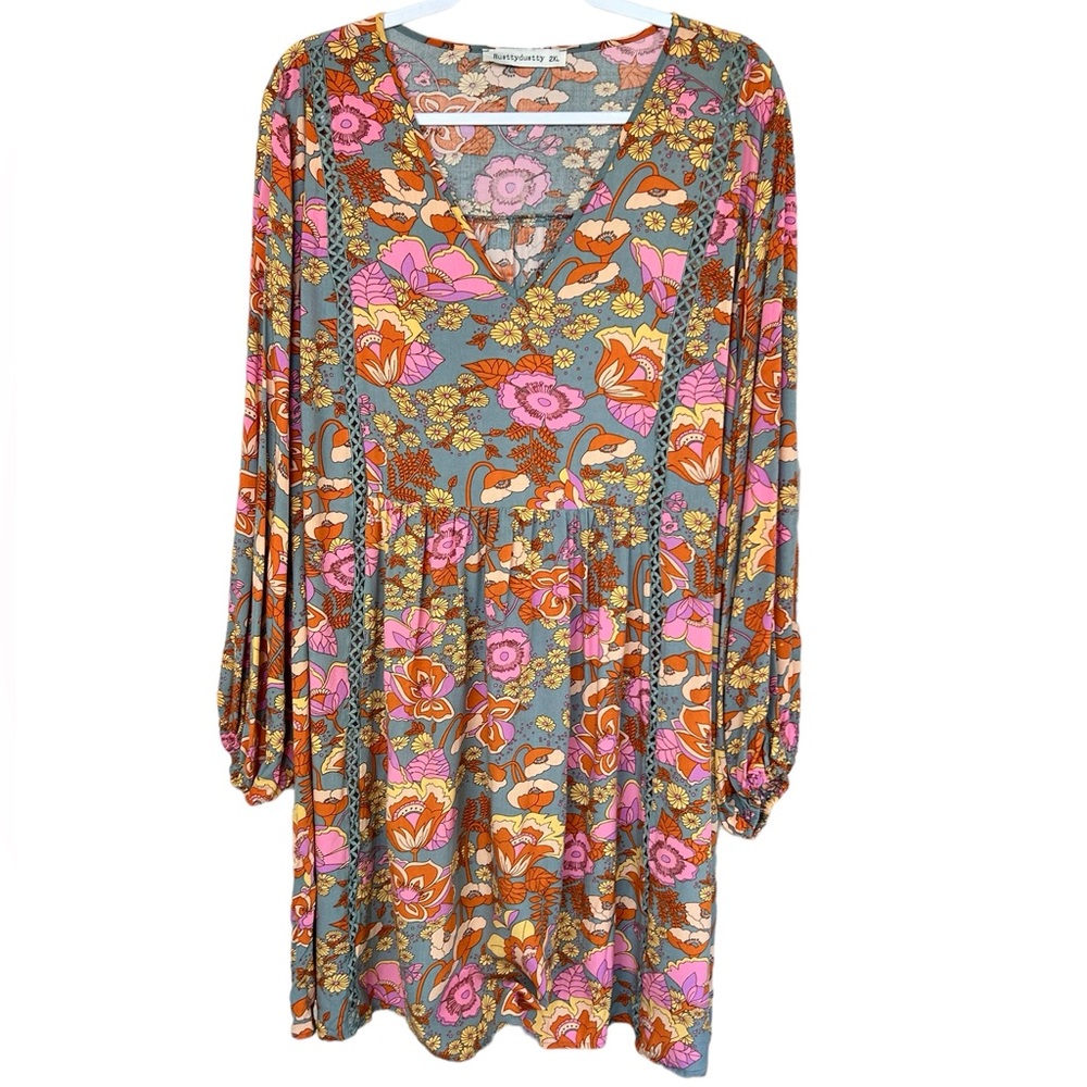 RusttyDustty Floral Print Retro Colors Baby Doll Dress Size 2XL